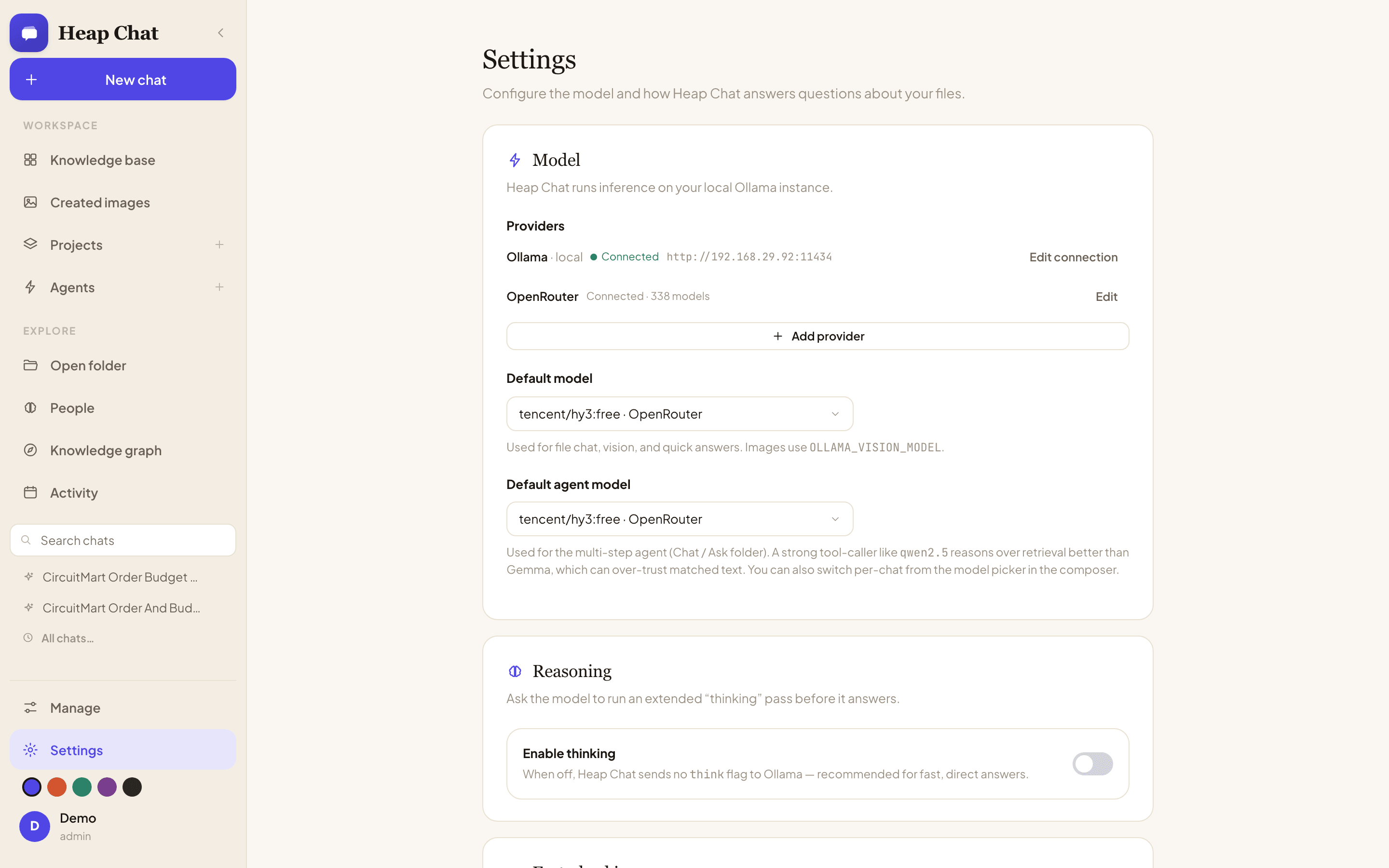 Heap Chat Settings page showing the provider connection manager with quick-add presets for popular AI providers
